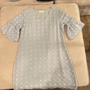 Blooming Jelly mid length shift dress with ruffled sleeves light blue gray